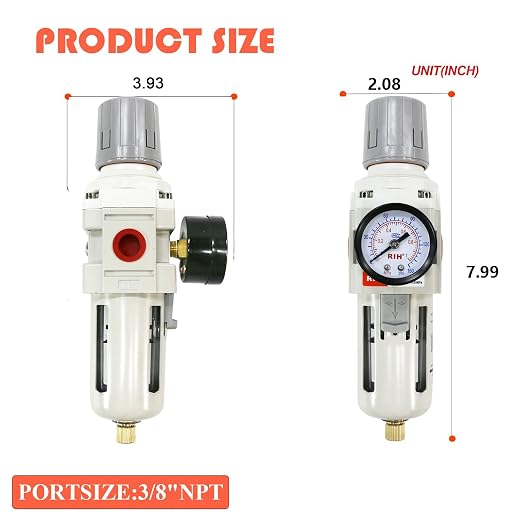 RIH 3/8"NPT Air Filter Pressure Regulator Combo Piggyback, 5 Micron Brass - Image 2