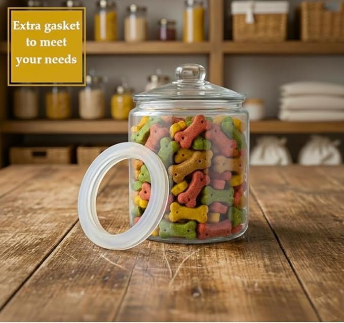 Glass Cookie Jar - 1 Gallon Wide Mouth Glass Jar With Lid - Extra Gasket - Large Food Storage Container, Candy Jar With Airtight Lid, Pet Food, Flour, Detergent Pods, Kitchen or Laundry Room