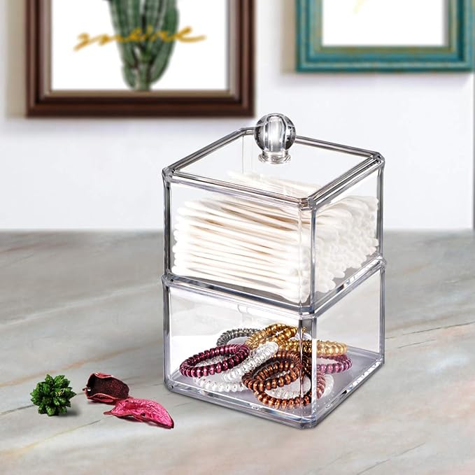 Modern Square Qtip Holder Acrylic Bathroom Vanity Countertop Storage Organizer Canister Jar for Cotton Swabs, Rounds, Balls, Makeup Sponges, Bath Salts - 2 Pack - Clear