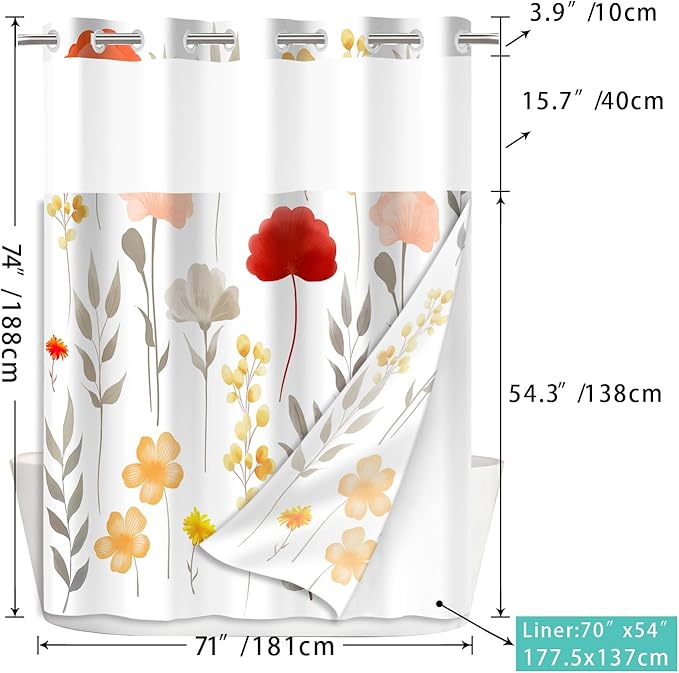 No Hook Shower Curtain Set with Snap in Fabric Liner for Bathroom,with See Through Top Window,Double Shower Curtain with Detachable Liner Replacement,Machine Washable,White Floral,71"x 74"