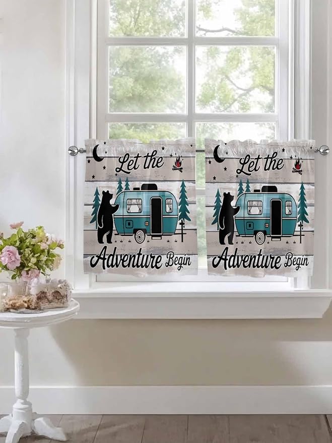 Farmhouse Bear Camper Van Tree Window Valance Curtains, Vintage Wood Grain - Image 5
