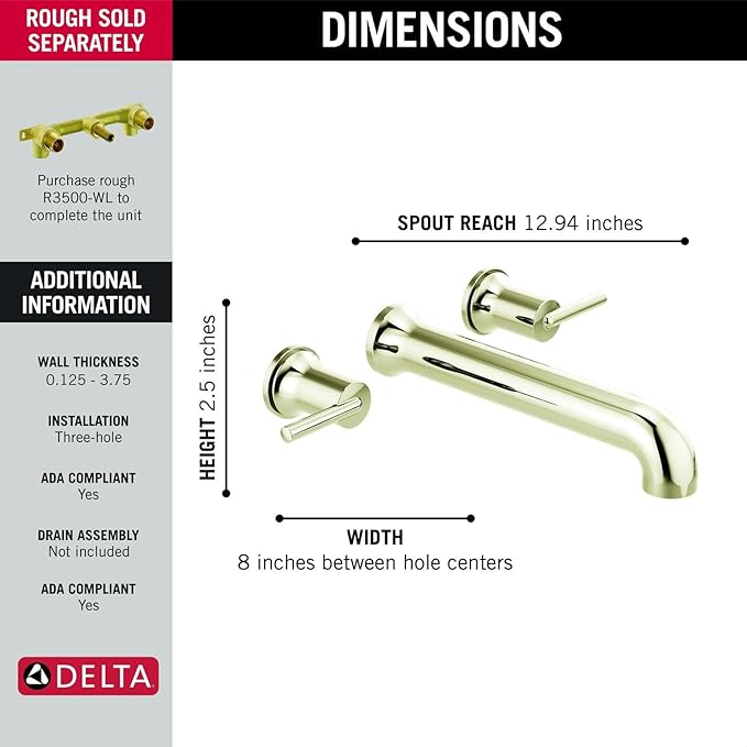 Delta Wall Mount Bathroom Faucet 3 Hole, Polished Nickel Bathroom Sink Faucet for Vanity, Polished Nickel T5759-PNWL (Valve Not Included)