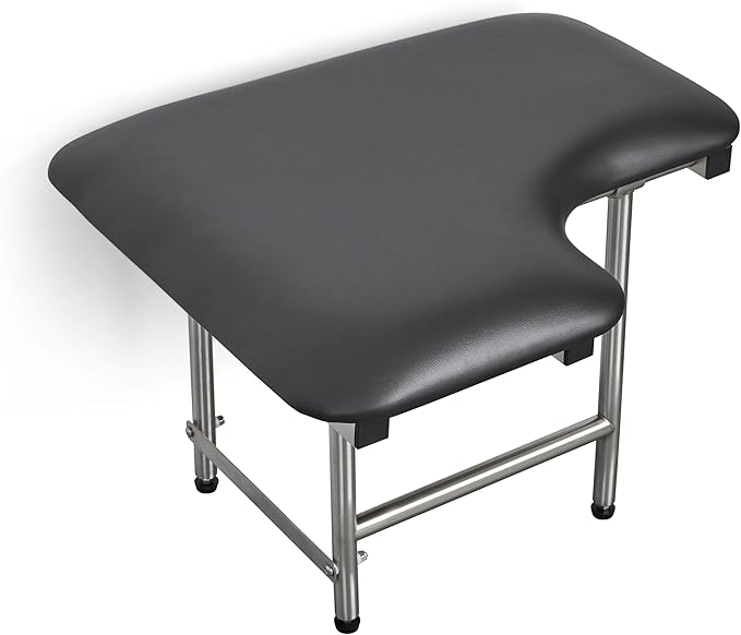 32" x 22.5" Black Padded Wall Mount Folding Right-Handed Transfer Bench Shower Seat with Legs, ADA Compliant