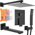 10 inch Square Shower Head and Handheld Set, Gasecoet Shower System with Tub Spout Wall Mounted Shower Faucet for Bathroom - Matte Black (With Shower Valve)