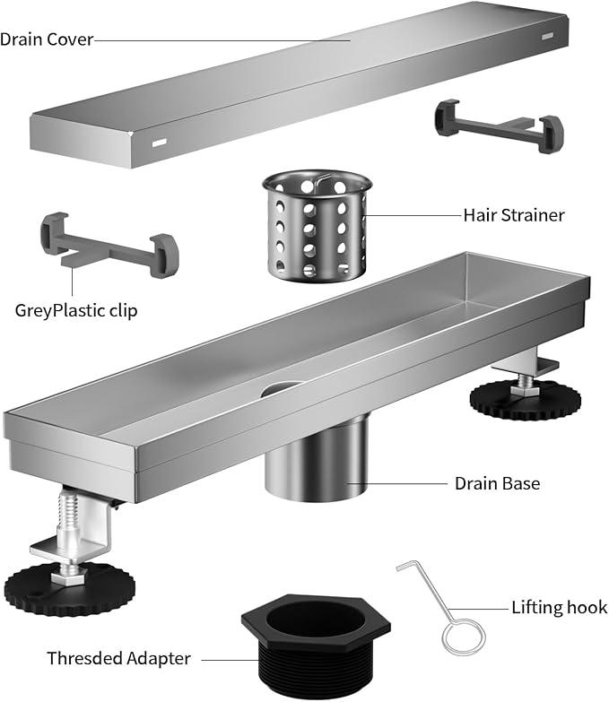 Linear Shower Drain, 304 Stainless Steel with Adjustable Leveling Feet, Hair Strainer,Reversely Install Place to Create an Invisible Floor Drain - Silver -32-Inch