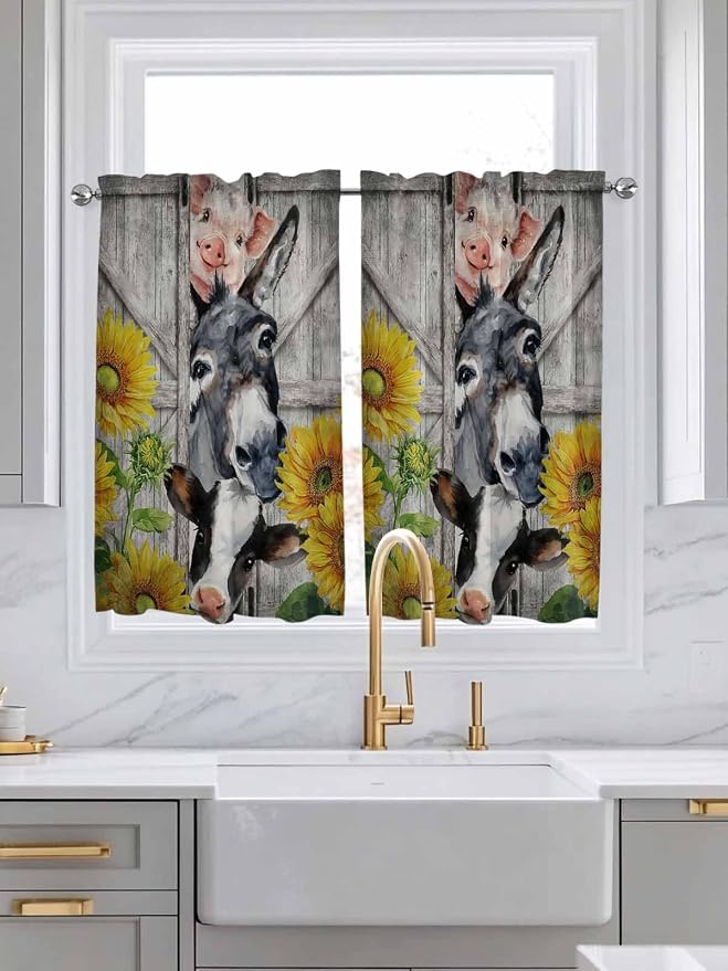 Farmhouse Kitchen Curtains 54 Inches length, Vintage Sunflowers Animals Printed - Image 3