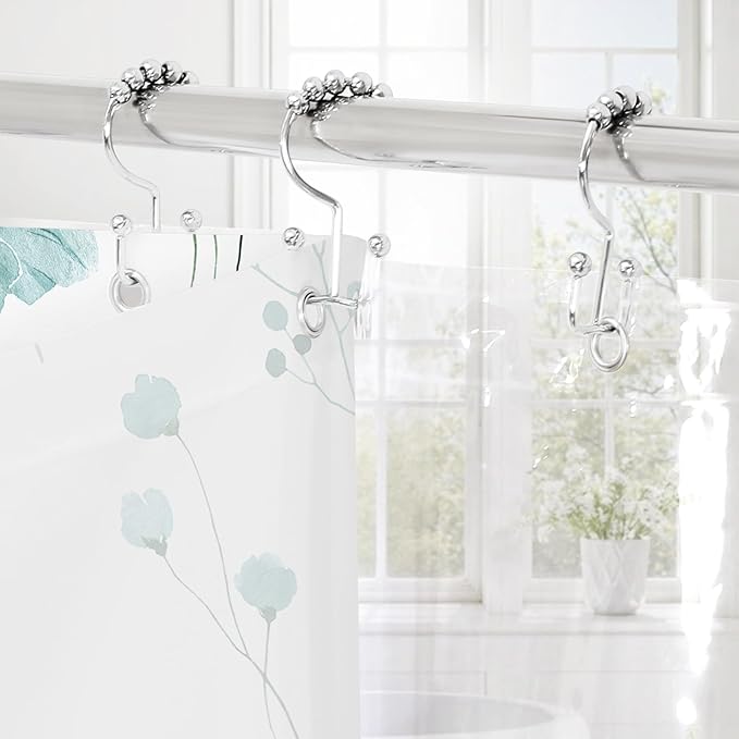 Gibelle 3 in 1 Shower Curtain Set, Teal Watercolor Floral Bath Curtain and PEVA Liner Set with 12 Double Sided Steel Hooks, Waterproof Fabric Bathroom Curtain 72x72