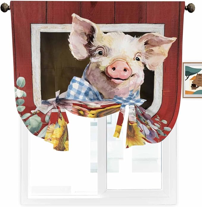 Tie Up Curtains for Windows, Pig Sunflowers Adjustable Balloon Nature Linen - Image 2