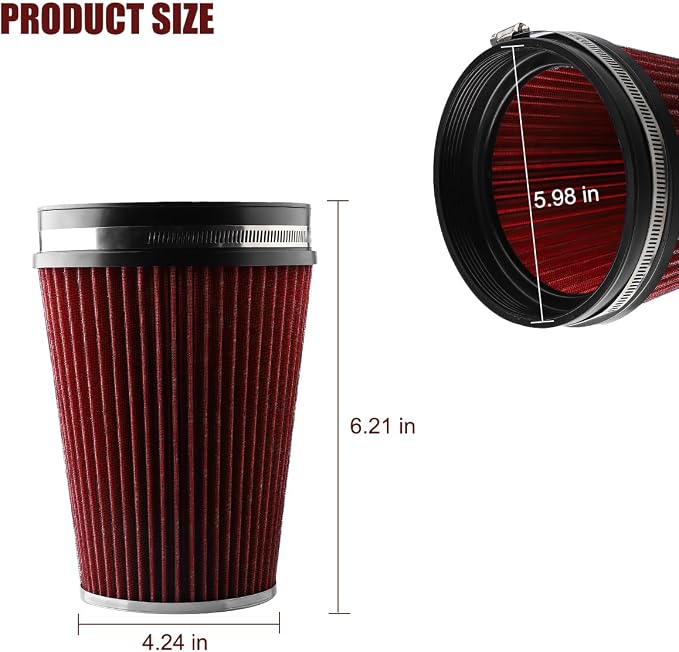 152mm 6" High Flow Cold Air Intake Filter, High-Performance Clamp-On Washable - Image 2