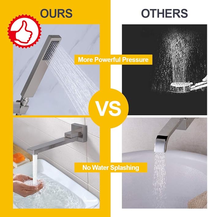 Wall Mounted Bathtub Faucet with Handheld Shower, Solid Brass 180° Swivel Bathroom Tub Filler Faucet with Hand Shower Modern Single Handle Tub Faucet Set, Brushed Nickel