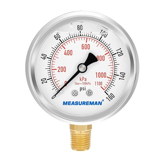 MEASUREMAN 2-1/2inch Dial Size, Oil Filled Pressure Gauge, 0-160psi/kpa by MEASUREMAN