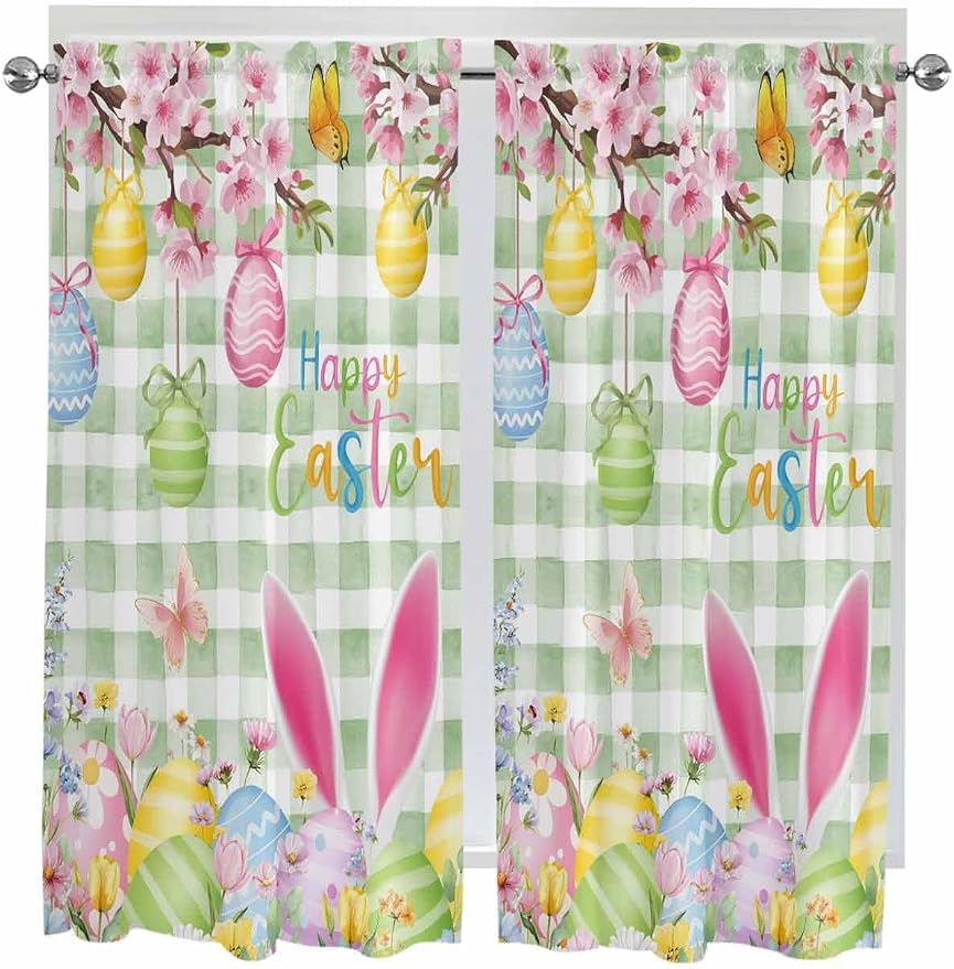 Happy Easter Living Room Curtains 72 Inches length, Spring Bunny Eggs Flower by Unknown