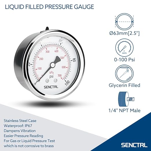 SENCTRL 0-100 Psi Glycerin Liquid Filled Low Pressure Gauge, 2.5" Dial Size - Image 2