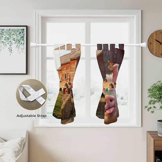 Farm Pig Kitchen Curtains 45 Inch Length, Short Cafe Window Curtains Tab Top - Image 5