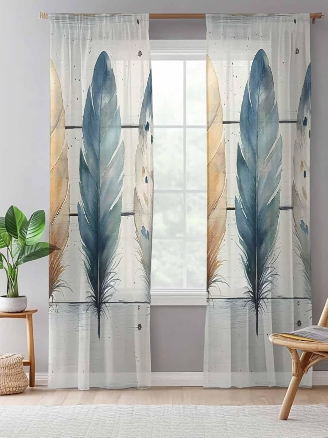 Sheer Curtains 108 Inches Long, Boho Blue Feathers Semi Sheer Curtains Light - Image 5