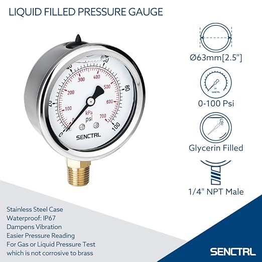 SENCTRL 0-100 Psi Glycerin Liquid Filled Low Pressure Gauge, 2.5" Dial Size - Image 2