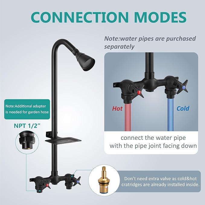 Aolemi Outdoor Shower Kit Fixtures Faucet System with High Pressure Showerhead Utility 2-Handle Exposed Shower with Brass Mix Valve 6 Inch Center with Soap Dish Matte Black
