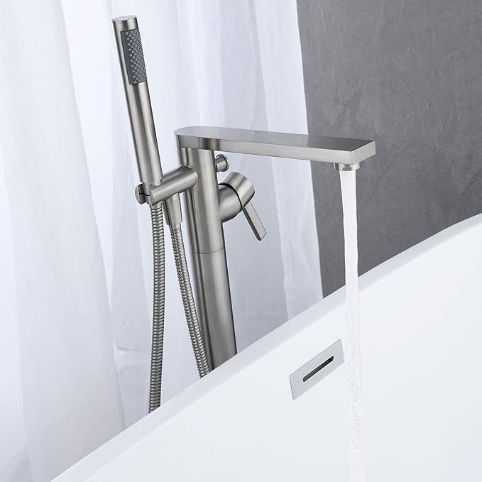 Freestanding Bathtub Faucet Tub Filler Brushed Nickel Floor Mount Brass Single Handle Bathroom Faucets with Hand Shower