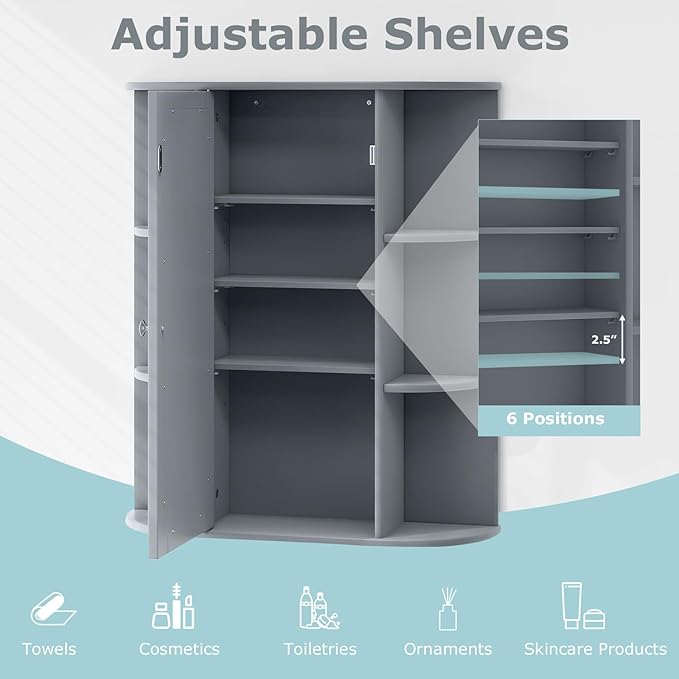 COSTWAY Wall Mounted Bathroom Cabinet - Storage Organizer with Mirror Door, Adjustable Shelves & 6 Open Racks, Space-Saving Hanging Medicine Cabinet for Living Room Kitchen Entryway (Gray)