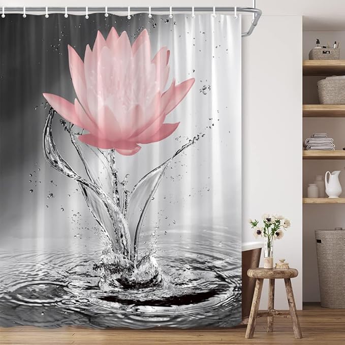 Lotus Shower Curtain Black White Grey Red Flower Elegant Blooming Floral with Dew Spring Flower Reflection on Water Modern Romantic Polyester Fabric Bathroom Decor 70×90 Inch with Hook