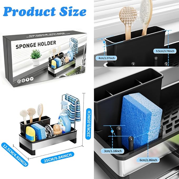Stainless Steel Sink Caddy Organizer with Auto-Drain & Removable Brush Holders Rustproof Sponge Holder for Kitchen Sink, Countertop Storage for Soap Dispenser,Dishcloth & Kitchen Accessories