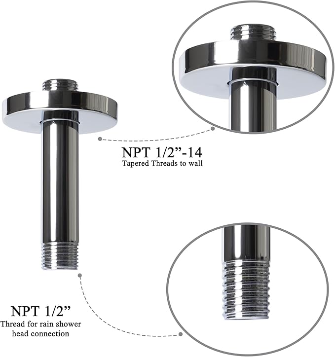 4 Inch Shower Arm with Flange, Ceiling Mounted Shower Head Extension Arm, 1/2 NPT Straight Arm for Rain Shower Head, Stainless Steel Shower Head Extension Replacement Pipe Arm,Chrome