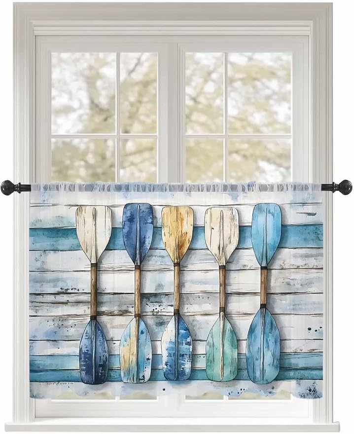 Sheer Curtains 54 Inch Length, Lake Paddle Striped Semi Sheer Curtains Light by Unknown