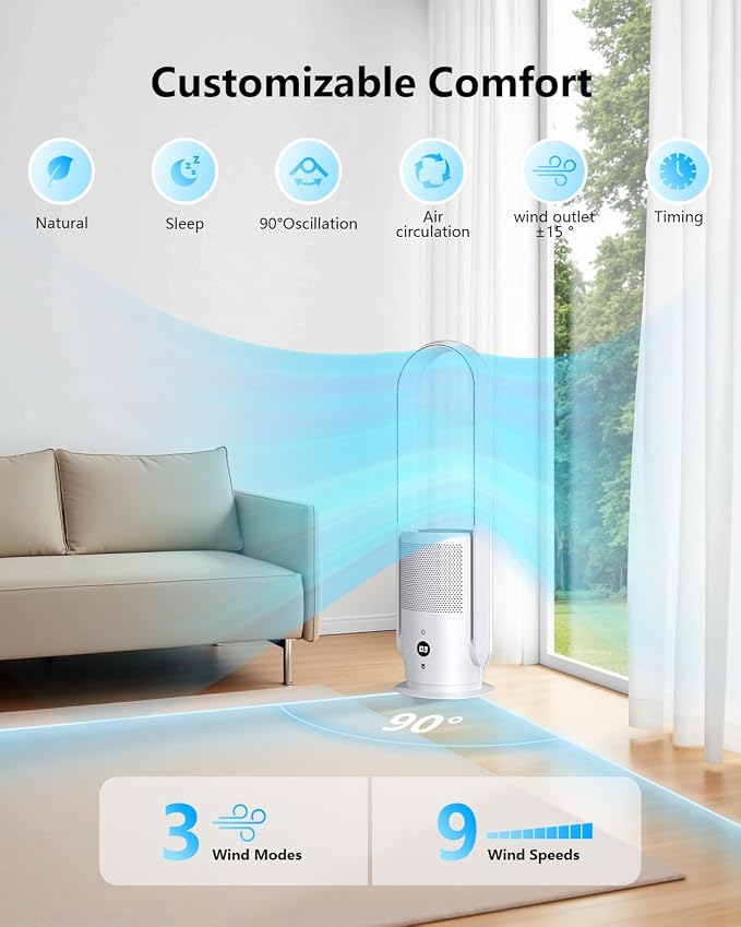 U ULTTY Bladeless Fan with Air Purifier, Quiet Tower Fan with Remote, 9 Speeds - Image 5
