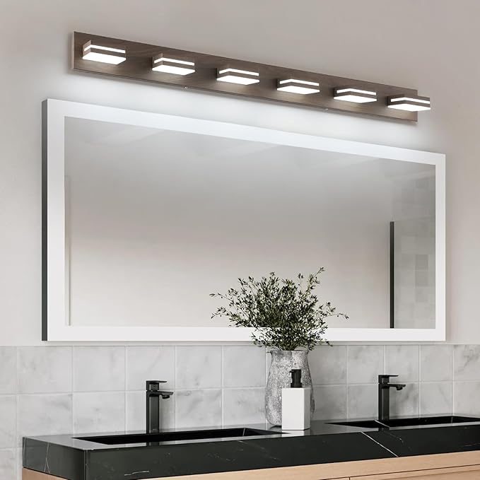 SineRise LED Modern Bathroom Vanity Light Fixtures (6-Light, 48-Inch), Brown Wood Painted Modern Acrylic Bathroom Wall Lighting Fixtures Over Mirror (Cool White 6000K)