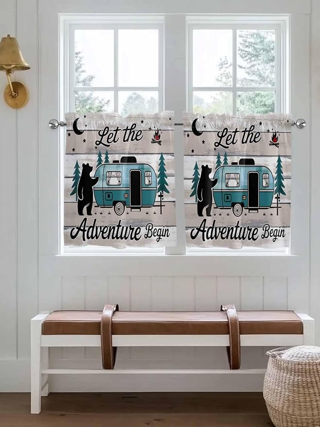 Farmhouse Bear Camper Van Tree Window Valance Curtains, Vintage Wood Grain - Image 2