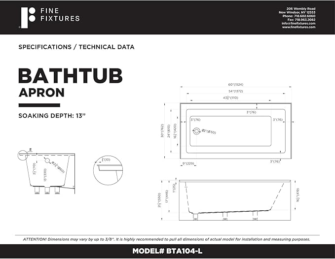 Fine Fixtures Acrylic, Fiberglass Alcove Soaking Bathtub with Integral Apron Front in Glossy Black - Left Hand Drain, 60" x 30"