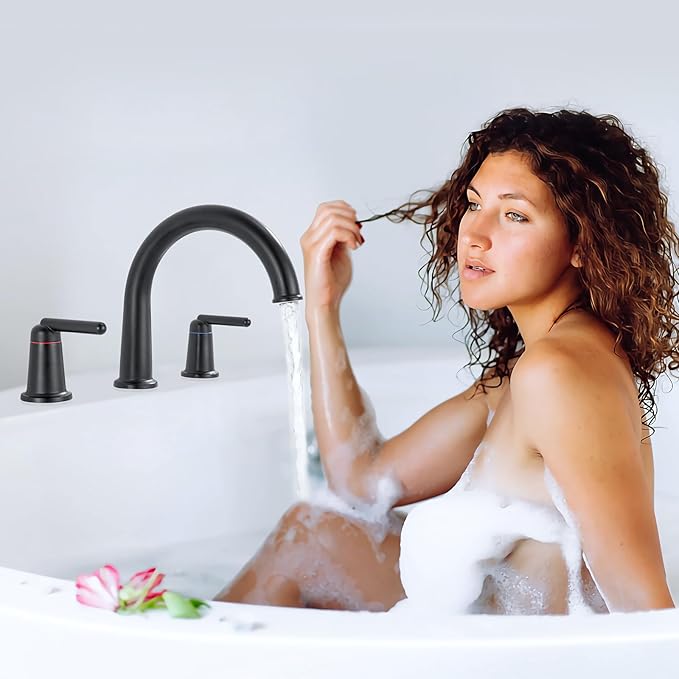 Bathtub Faucet Set 3 Hole, Widespread Deck Mount Tub Faucet with Valve Brass High Flow Tub Filler Garden Bath Tub Faucet Set 2-Handle High Arch Roman Bathtub Faucets Matte Black WT-9807BK