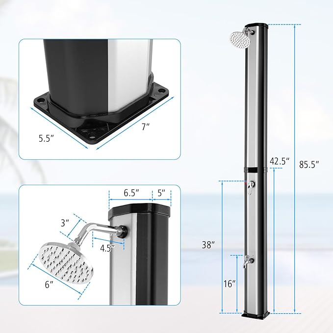 Goplus 9.3 Gallon Solar Heated Outdoor Shower, 7.2 FT Freestanding Garden Shower with 360° Swivel Shower Head, Foot Shower & Temperature Adjustment, for Poolside Backyard Beach (Silver)