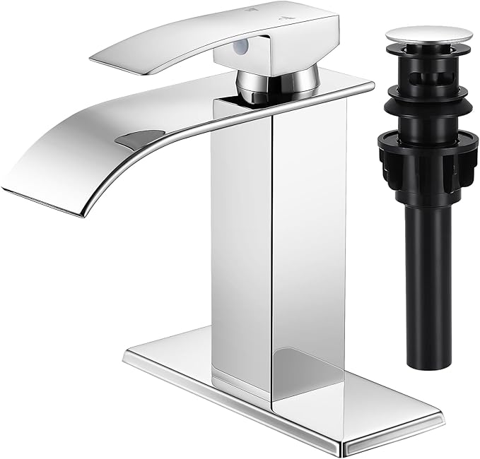 Bathroom Faucets Chrome Waterfall Bathroom Sink Faucet Modern Single Handle Bathroom Faucet for 1 or 3 Hole Mxier Tap Washbasin Faucet with Deck, Pop-up Drain and Supply Hoses
