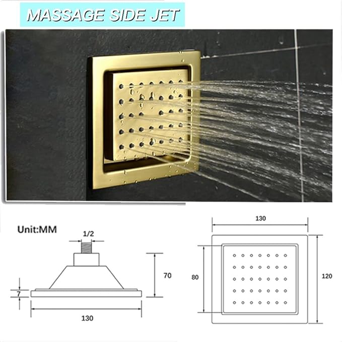 Brushed Gold Digital Display Shower System with 16X24 inch Ceiling Overhead Shower Head(Rain & Waterfall Two Modes), 4 PCS Body Jet and Handheld Spray