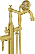 Brushed Gold Bathtub Faucet Freestanding Tub Filler High Pressure Single Handle Bathtub Filler Floor Mounted Brass Bathroom Tub Faucets with Handheld Shower