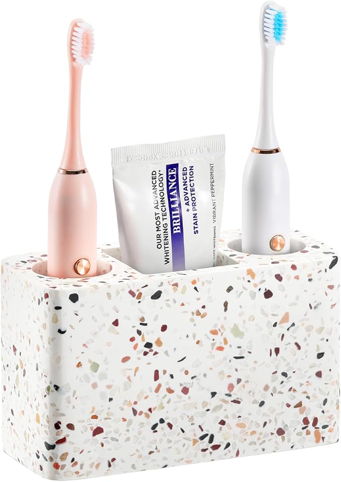 Luxspire Electric Toothbrush Holder, 3 Slots Large Toothbrush Toothpaste Stand, Resin Storage for Bathroom Accessories Vanity Counter Sink Organizer Caddy, Terrazzo