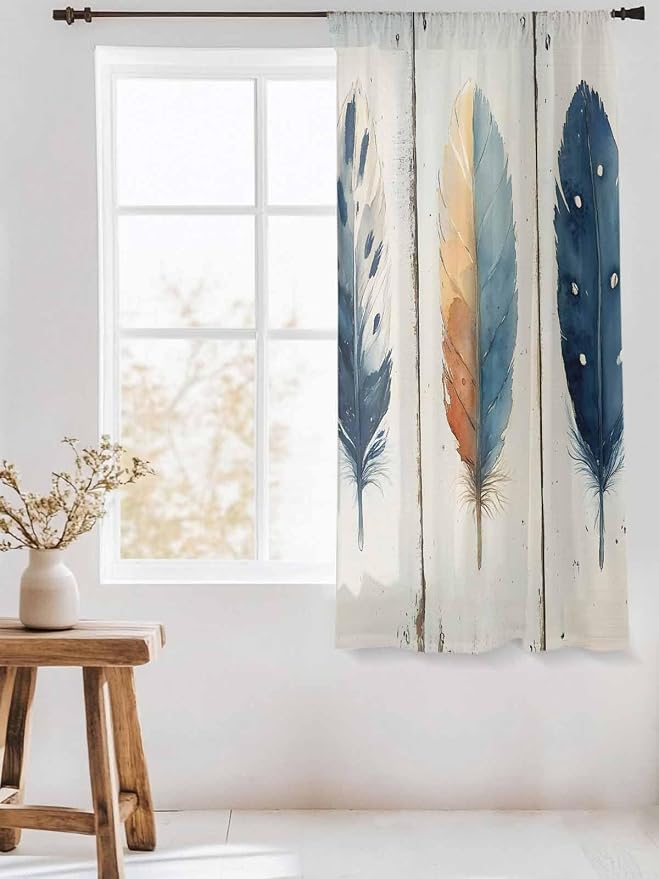 Sheer Curtains 72 Inches Long, Boho Ombre Vintage Wooden Grain Privacy Voile - Image 3