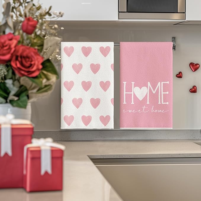 Artoid Mode Pink Heart Love Valentine's Kitchen Towels Dish Towels, 18x26 Inch Farmhouse Anniversary Wedding Decoration Hand Towels Set of 4
