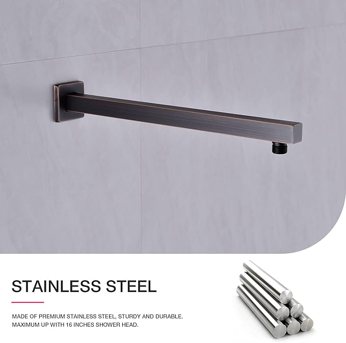 Square Shower Arm with Flange 16 Inch Wall Mounted Rainfall Shower Head Extension Arm for Low Profile Bathroom, Stainless Steel, Oil Rubbed Bronze