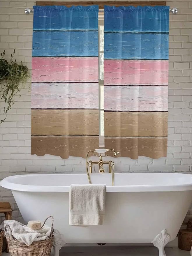 Blue Pink Brown Gradient Wood Grain Window Valance Curtains, Vintage Wood Board - Image 5