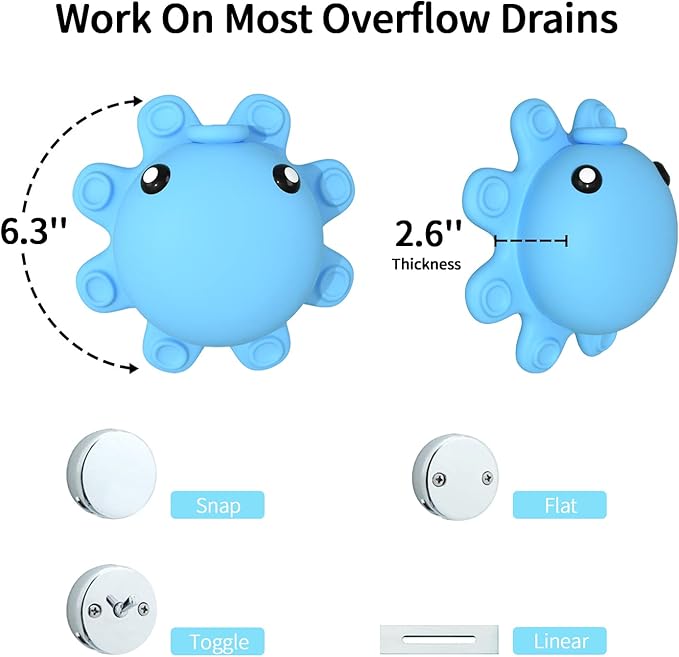 Bath Tub Overflow Drain Cover- Silicone Bathtub Overflow Cover with Suction Cups, Tub Drain Block Adds Inches of Water for Deeper Bath, Cute Bathroom Accessories, Blue
