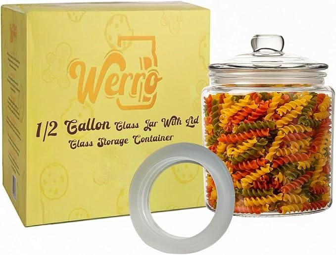 1/2 Gallon Glass Jar Airtight With Lid - Extra Gasket - Glass Canisters With Lids, Wide Mouth, 64 oz Glass Cookie jar, Candy Jar, Dog Treats, Sugar, Food, Kitchen Storage and Laundry Room