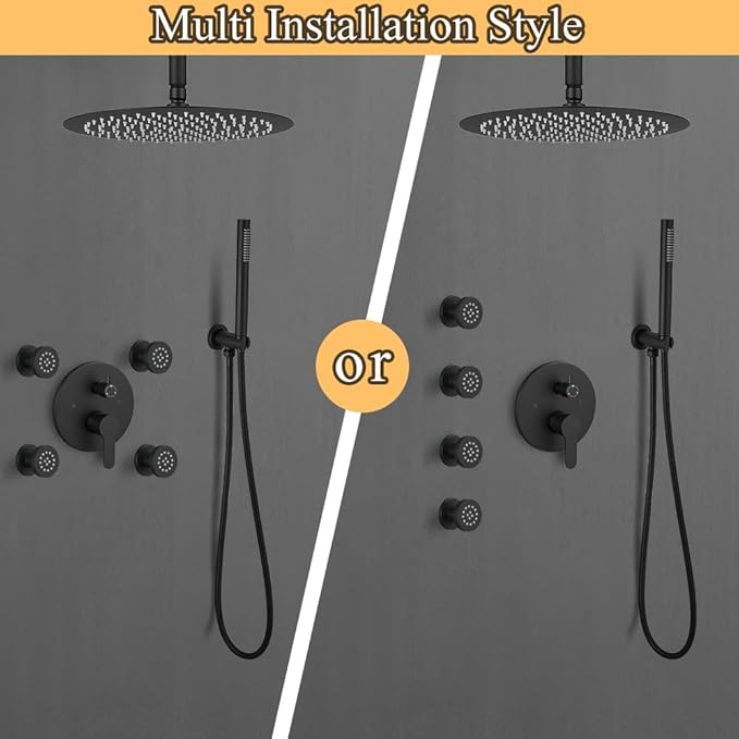 Matte Black Round Shower Faucet Set with Body Jets 16 Inch Shower Head Handheld Shower Combo Set High Pressure Ceiling Mount with Rough-in Valve