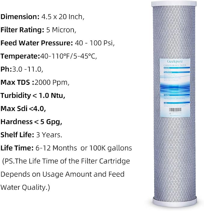 Geekpure 20 Inch Carbon Block Water Filter Reduce Chlorine Taste Odors - Image 5