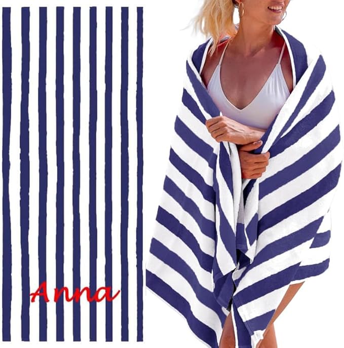 Personalized Passion Beach Towels for Adults - Custom Pool Towels with Name - Highly Absorbent Cotton - Striped Design for Women & Men - Large 70x30 Bath Sheet for Hotel, Swim & Camping - Navy