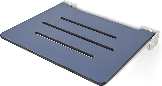 18 inch Silhouette Slimline Folding Wall Mount Shower Bench Seat, Navy Seat with White Frame