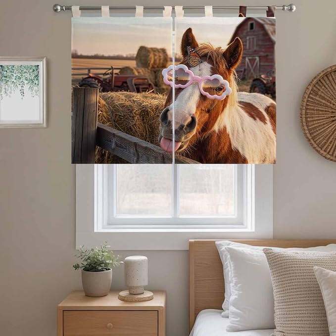 Farm Horses Kitchen Curtains 45 Inch Length, Short Cafe Window Curtains Tab Top - Image 9