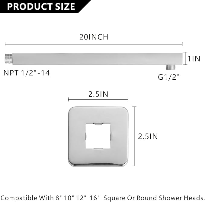 Voolan 20" Square Shower Arm with Flange and Teflon Tape, Extension Shower Head Arm for Bathroom Fixed Shower Head, Solid Stainless Steel, Wall Mounted (Chrome)