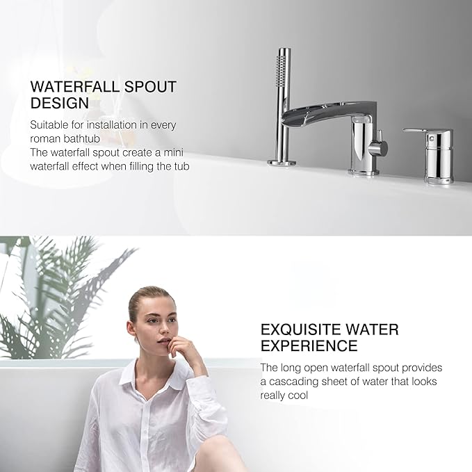 TapLong Waterfall Roman Tub Faucet with Hand Shower, Widespread Deck Mount Bathtub Faucet with Sprayer, Single-Handle 3-Holes Bathtub Shower Faucet Set in Chrome, 03119CH